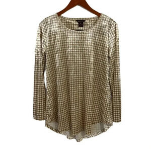 Multiples Tan and White Houndstooth Velvet Long Sleeve Blouse Curved Hem Relaxed